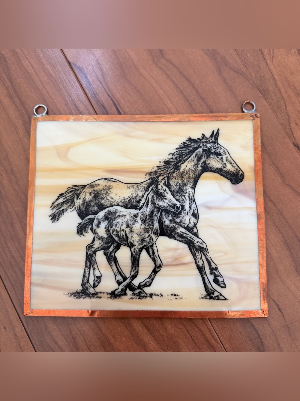Vintage Tiffany Style Slag Glass Frame Panel Horse Foal Opalescent Copper Foil